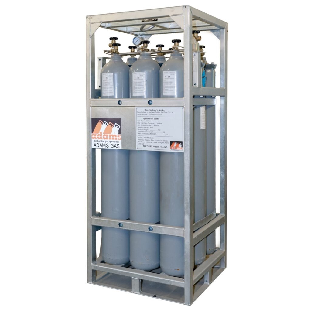 9-cylinder compressed air manifold pack on steel pallet frame with high-pressure cylinders connected to a single outlet
