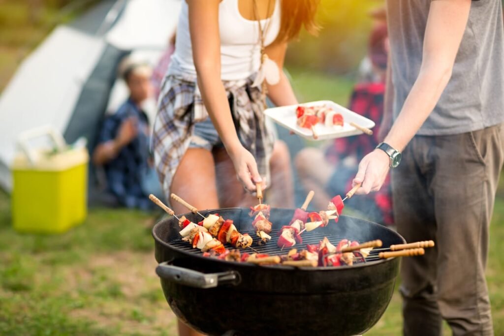 Close up grill with colorful barbecue on grill in campground