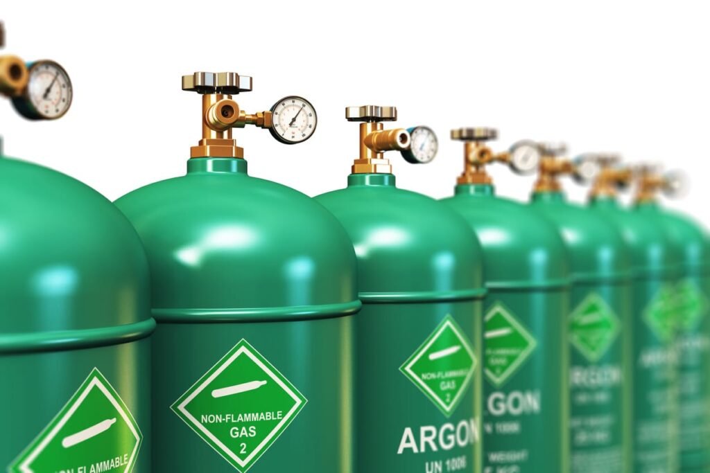 green Argon gas bottles in a line