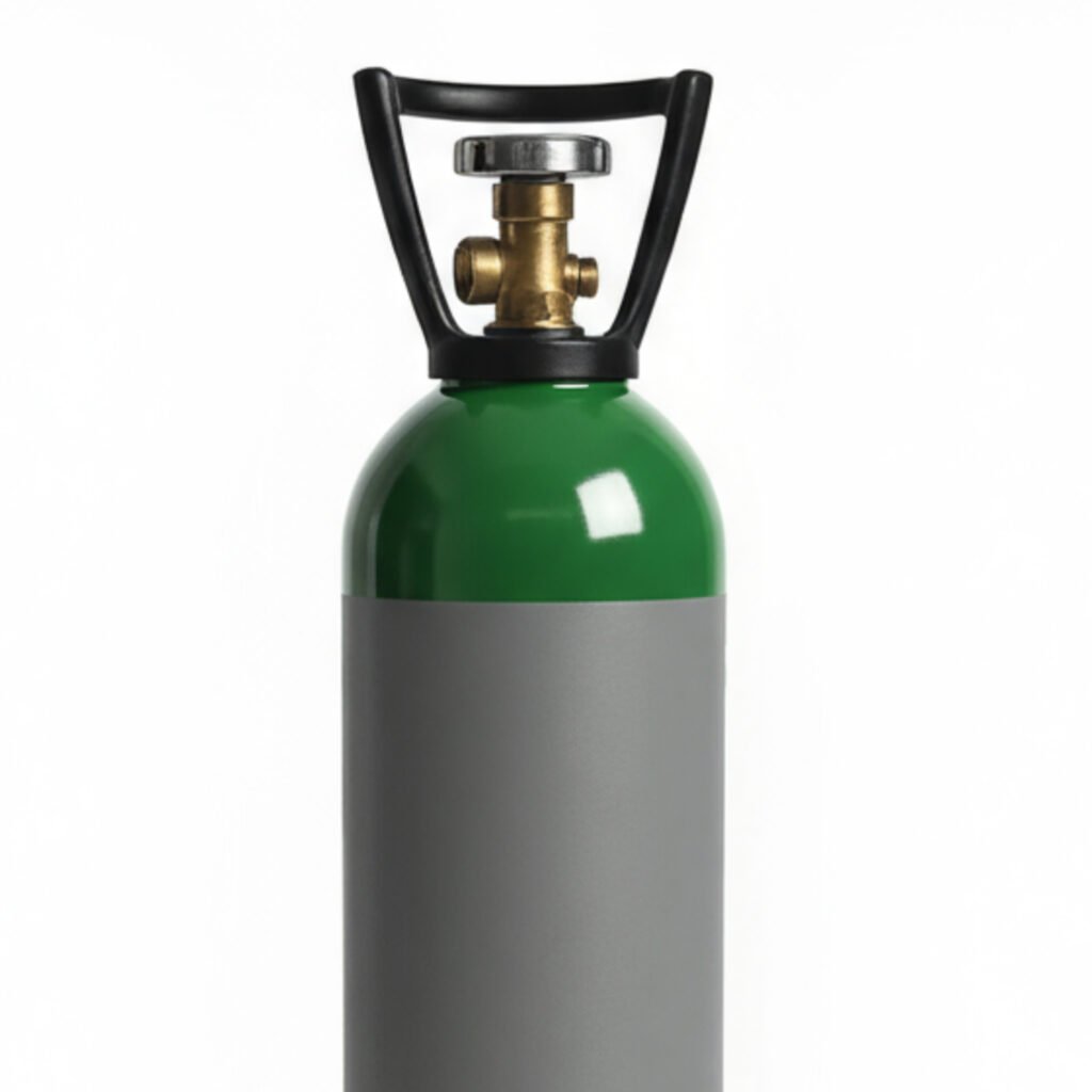 Cylinder of argon gas mix used for welding applications, standard industrial bottle with valve.