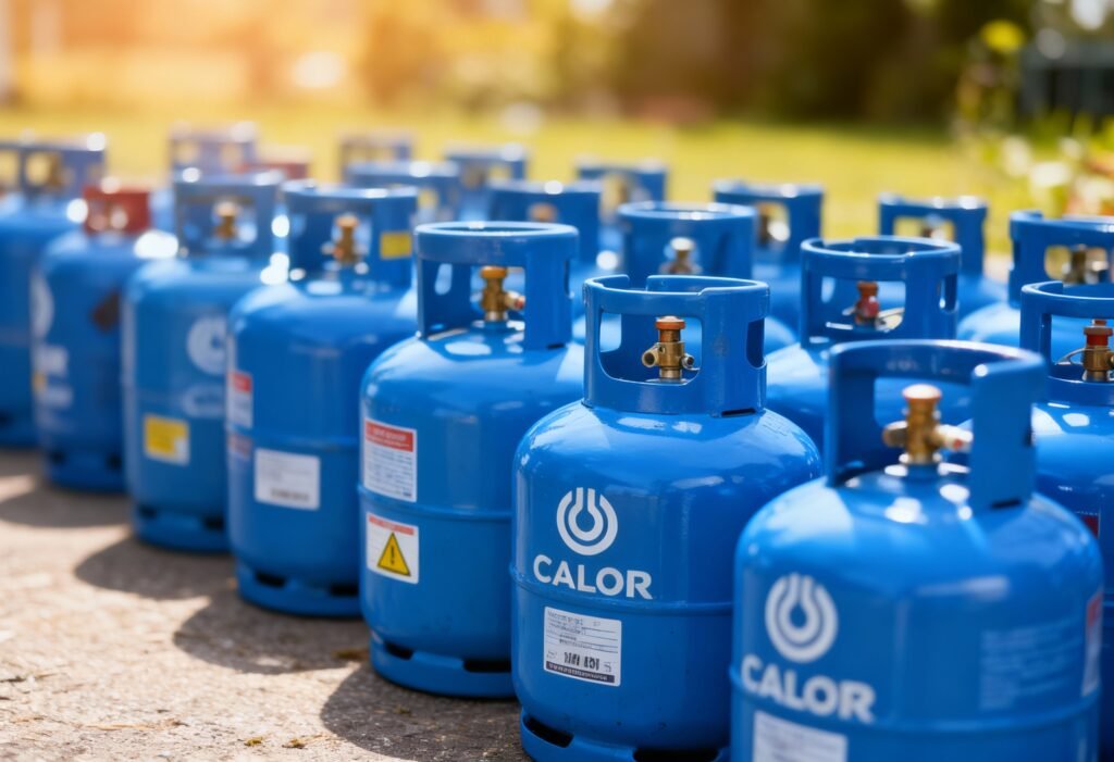 A clean product photo of classic blue Calor-style butane gas bottles arranged outdoors on a bright day. Cylinders lined up in rows with visible safety labels, soft depth of field, warm highlights, shot on Canon EOS R5, 50mm lens, realistic colours and textures.