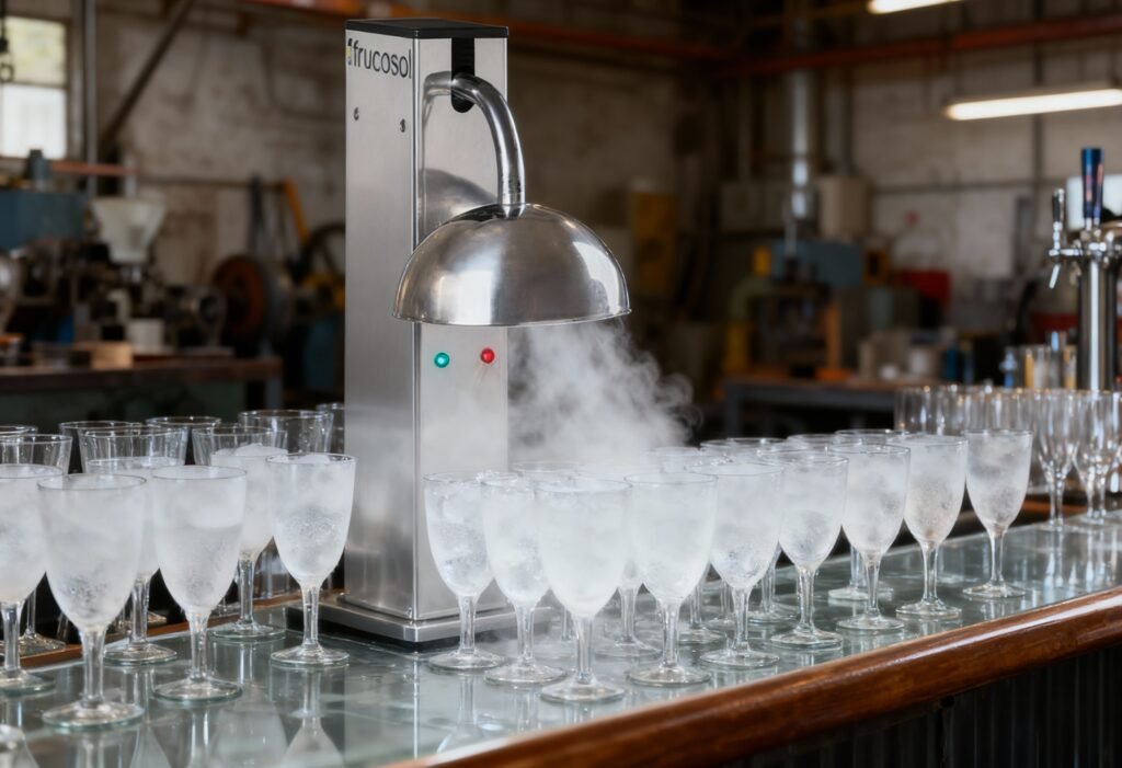A glass workshop environment where an bar uses CO₂ device to cool cocktail glases and can see lot of other frosted bar glaeses readt for an event Realistic industrial aesthetic, shot on Sony A7R III, 50mm lens, neutral tones, high detail, no over-stylisation.