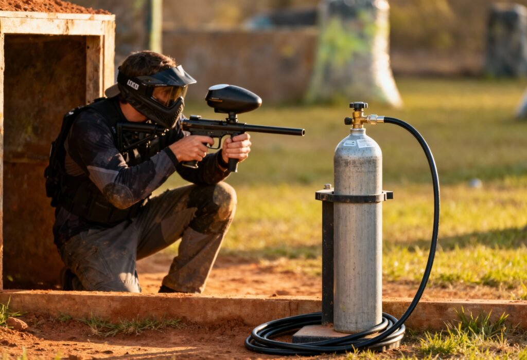 A realistic paintball field scene with a player crouched behind a bunker holding a paintball marker, a CO₂ refill cylinder positioned safely at the edge of the field near a refill station. Natural outdoor lighting, action-focused but grounded, shot on Canon EOS R6, 50mm lens.