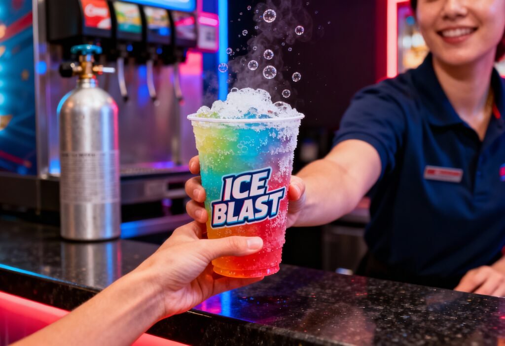 A vibrant cinema or dessert-shop scene where a staff member is handing a colourful fizzy slush Ice Blast cup across the counter, with bubbles and frost visible on the drink. A CO₂ cylinder is subtly positioned near the machine in the background. Shot on Canon EOS R5, 50mm lens, bright neon tones but realistic.