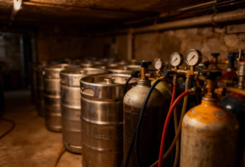 A cellar shot with stainless steel beer kegs lined up and several mixed beer gas cylinders connected via hoses, pressure gauges visible, warm but realistic lighting, slight depth of field. Shot on Sony A7S III, 35mm lens.