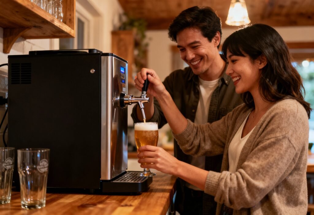 A couple smiling as they pour craft beer together from a home draught system on a wooden countertop. Warm ambient lighting, cozy home vibe, kegerator and glasses visible. The gas cylinder is not visible, pure lifestyle focus. Shot on Fujifilm X-T5, 35mm lens, natural depth-of-field.