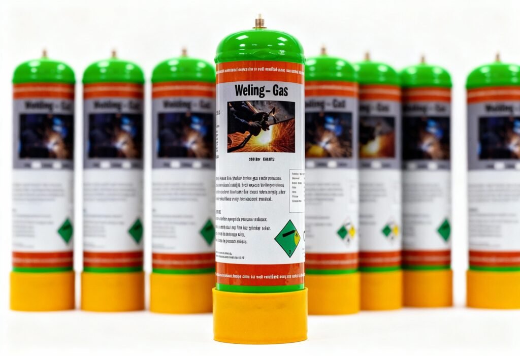 A row of slim disposable welding gas cylinders with green tops and yellow bases standing upright on a white background, clear labels showing welding gas mixes and safety icons. Front cylinder in sharp focus, others slightly blurred behind. Shot on Canon EOS R5, 50mm lens, crisp product photography.@img1 @img2