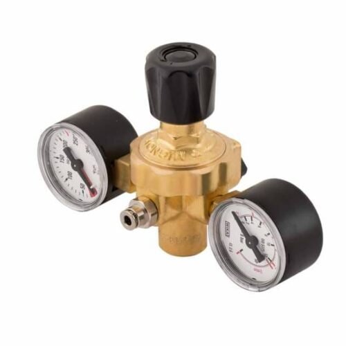 Disposable gas regulator with M10 fitting and twin pressure gauges
